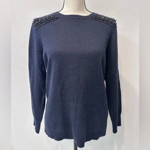 JCrew Merino Cashmere Blend Jeweled Shoulder Navy Sweater Medium M